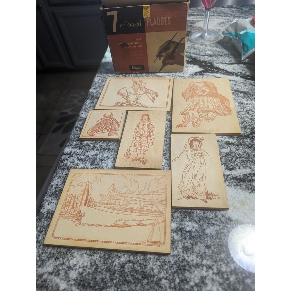Vintage Wood Burning Kit Set of wood plaques - Ungar Original Box 6 Plaques
